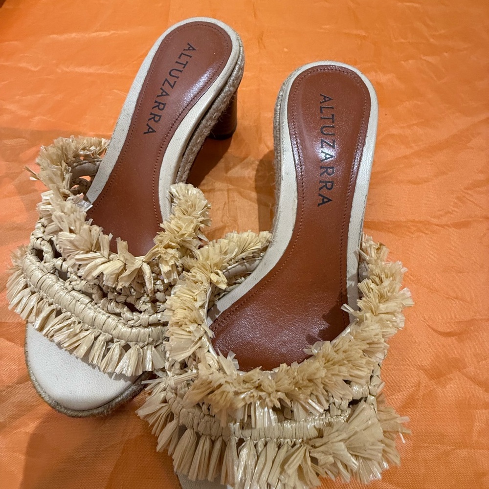 Altuzarra 6.5 Tan and Brown Mules with Fringe Detail